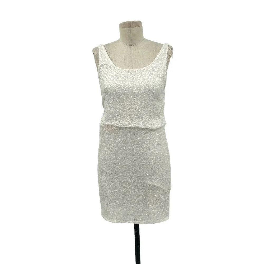 Alice‎ + Olivia Mini Dress Sleeveless Bodycon Sequin Beaded Silk White Size 2